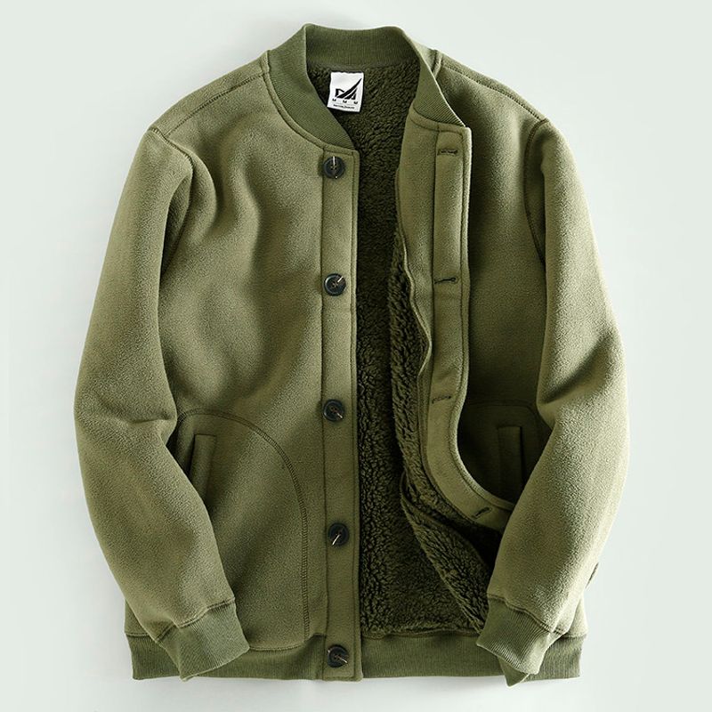 Very Warm Double-Sided Fleece Jacket, Winter Thickened Fleece Baseball Collar Sweatshirt, European and American Style Solid Color Men's Jacket, Trendy
