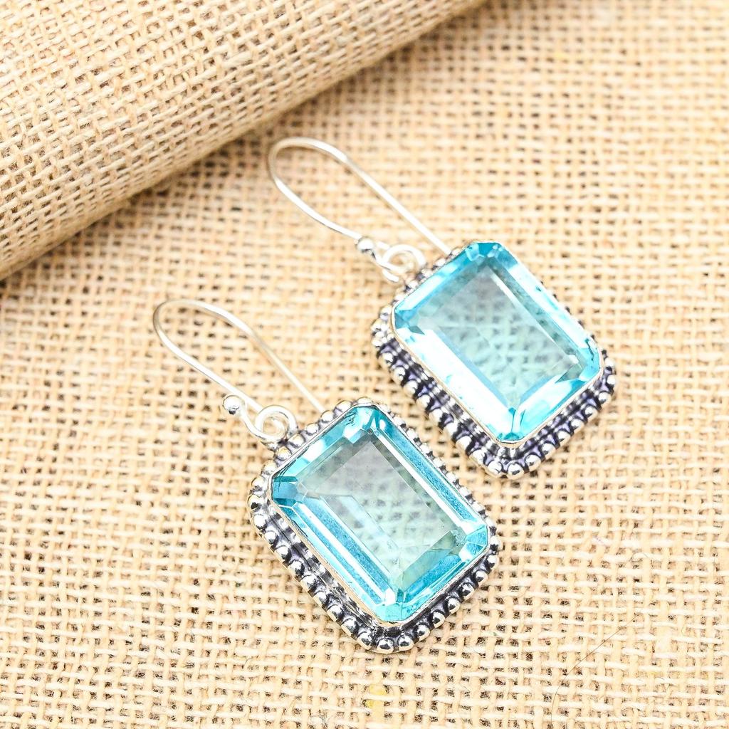 Blue Topaz Gemstone Handmade 925 Solid Sterling Silver Earrings For Wedding Gift