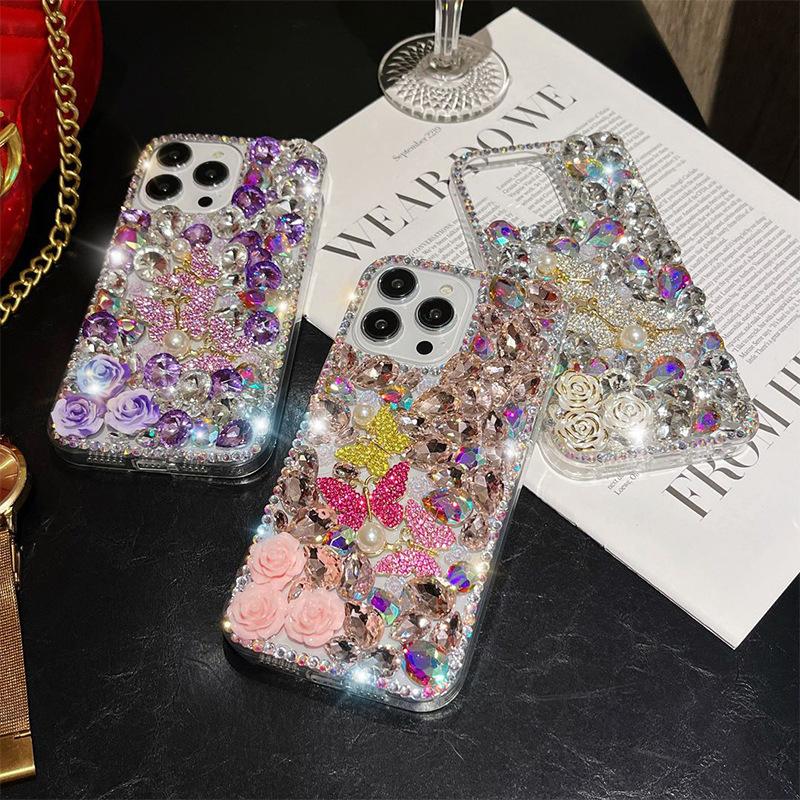 Applicable Iphone17Promax Mobile Phone Case Apple 15 Butterfly 14 Pearl 13 Rhinestone Rose Luxury Hard Case