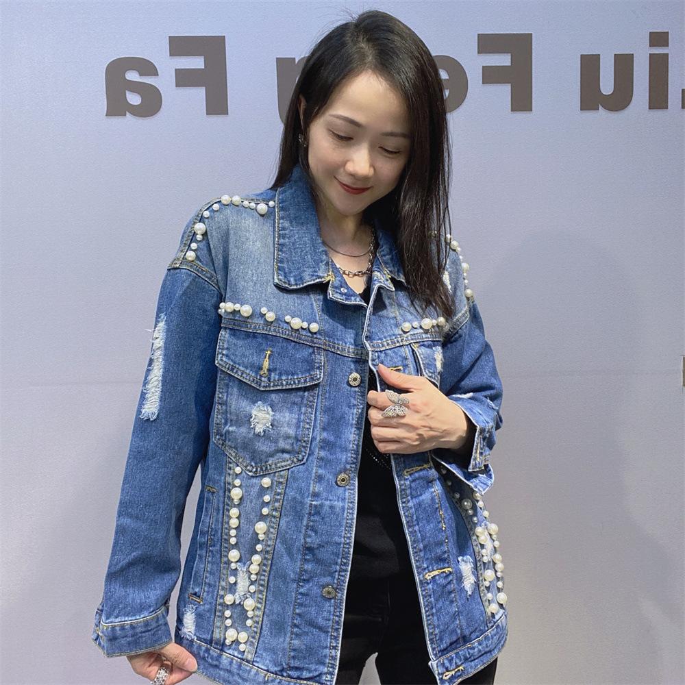

Осенняя мода Бисером Короткая Джинсовая Куртка для Женщин Стираемый Джинсовый Топ One Size синий