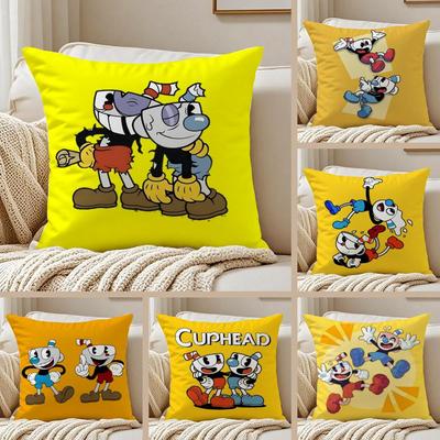 Classic Game C-Cuphead Cushion Cover Silky Short Plush Sofa Pillow Cover Hidden Zipper Soft Dustproof Case for Home Decor