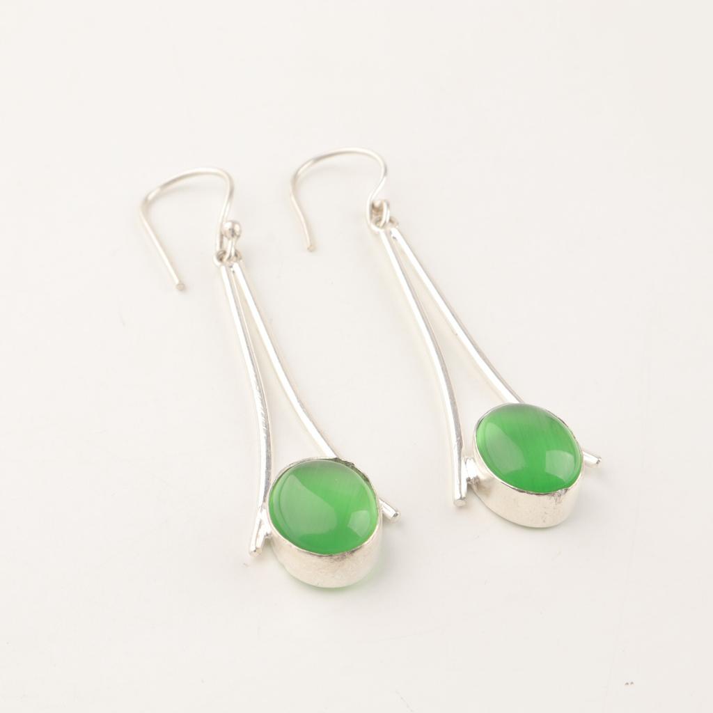 Natural Green Cat's Eye Gemstone 925 Sterling Silver Handmade Hook Earrings2.63" EE-136-35