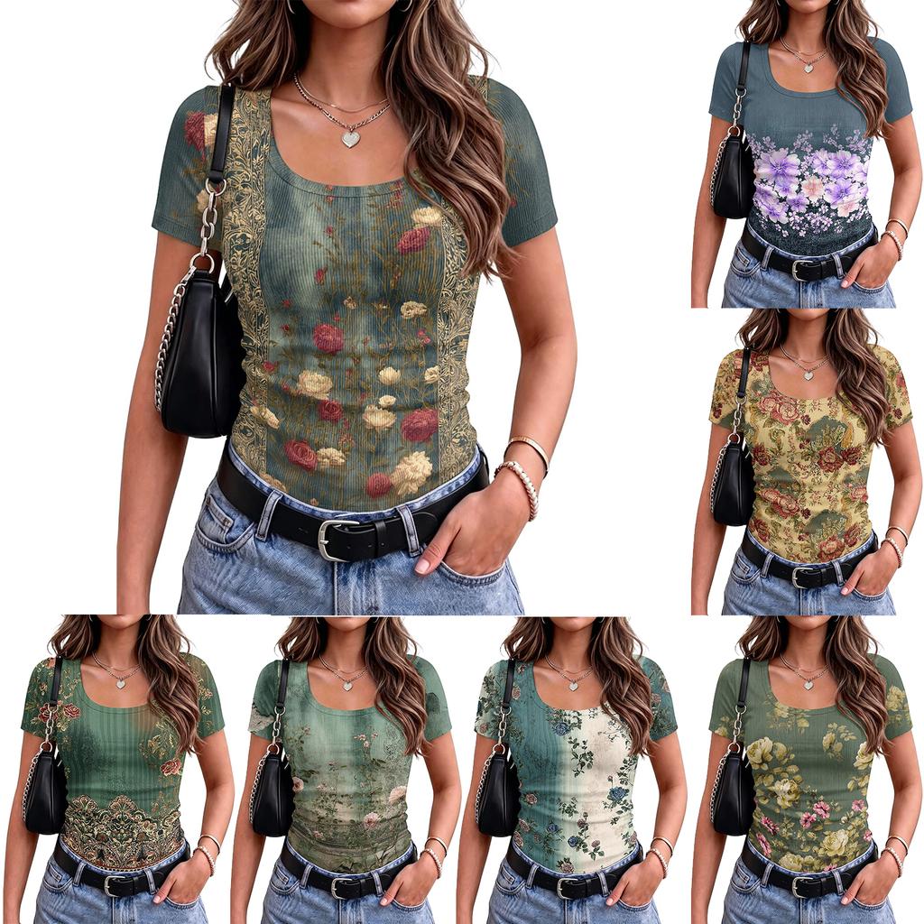 Women Slim Fit Square Neck Vintage Floral Print Short Sleeve Top Stretchy Ribbed Knit Fabric Casual Summer Shirt