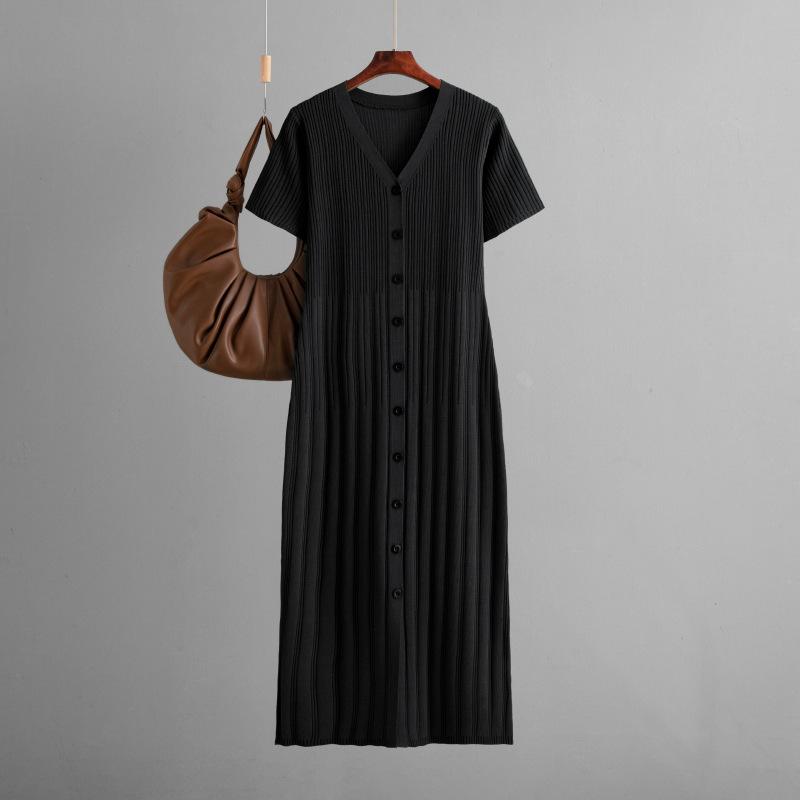 

Dress Women s Summer Casual V-neck Solid Color Short Sleeved Long Skirt Waist Cinching Slimming Knit Skirt OneSize чорний