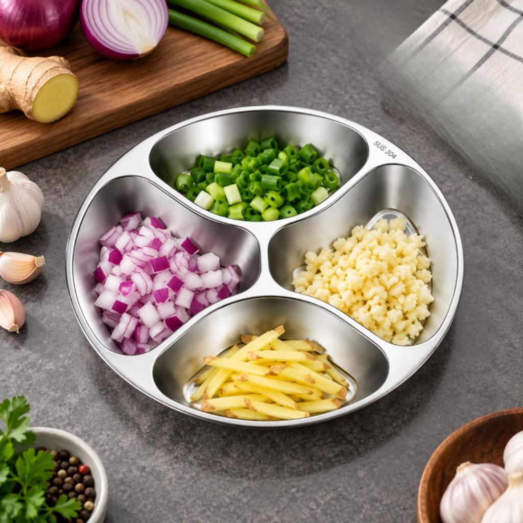 Prep Plate with Four Compartments Reusable for Condiment Organization