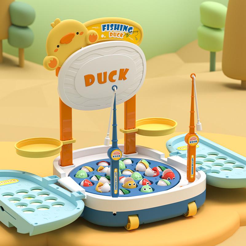 Moe duck electric fishing trolley box children's early childhood games multifunctional magnetic rotating fishing platform toys