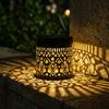 Solar Powered Outdoor Garden Light Decorative Metal Lantern with Cutout Pattern for Yard Patio Pathway Lighting