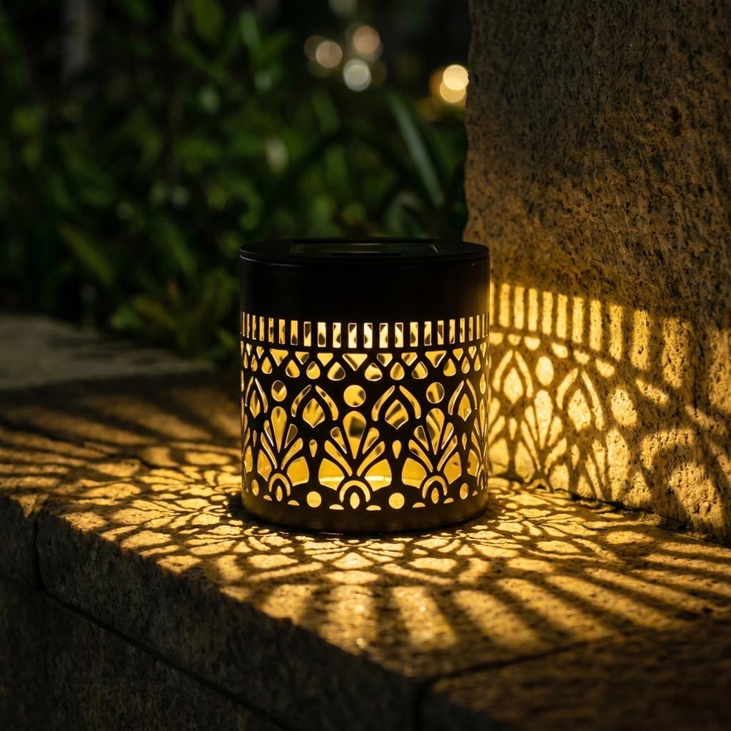 Solar Powered Outdoor Garden Light Decorative Metal Lantern with Cutout Pattern for Yard Patio Pathway Lighting
