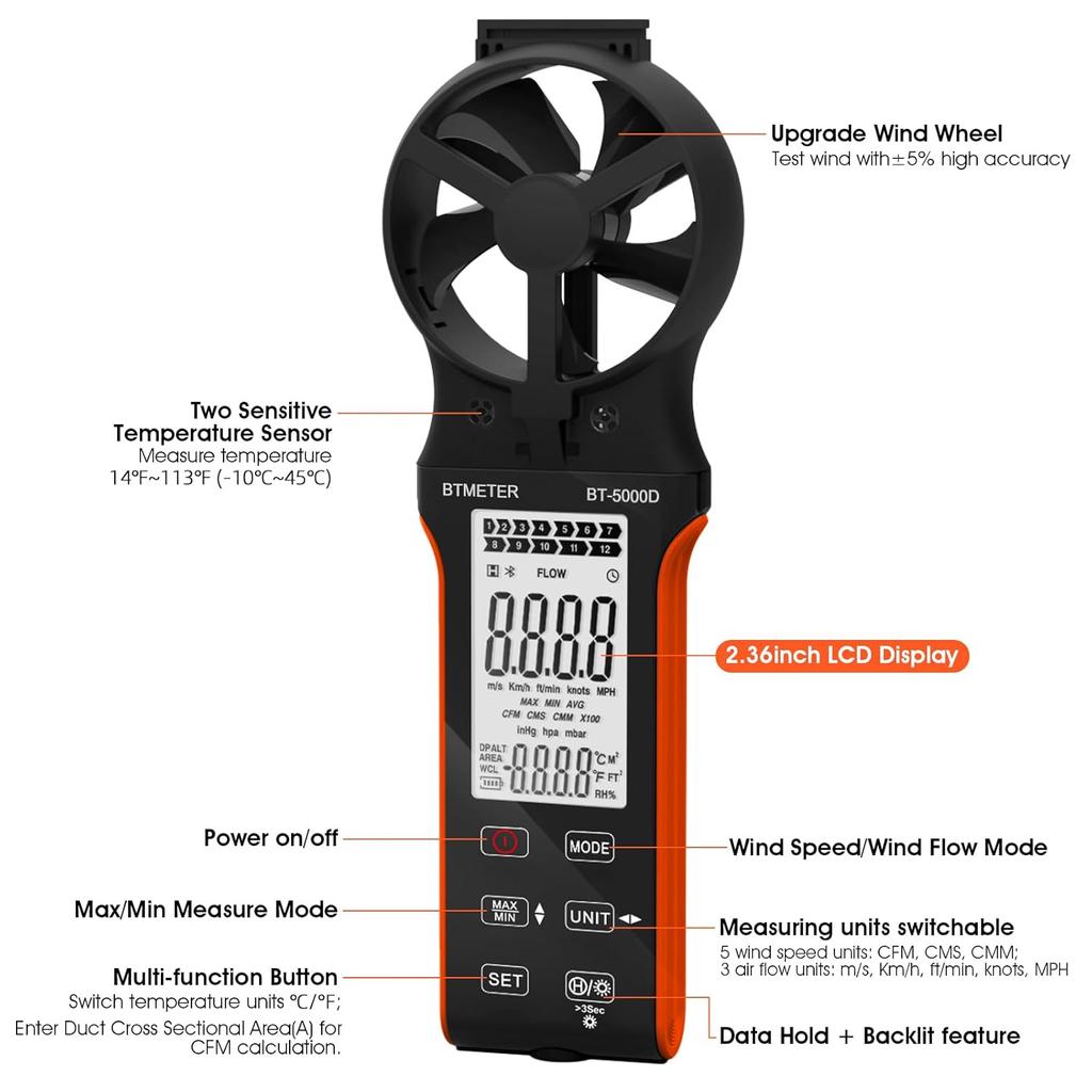 BT-5000D multifunctional anemometer, air volume and temperature measuring instrument with rotatable probe, dustproof, waterproof, rechargeable