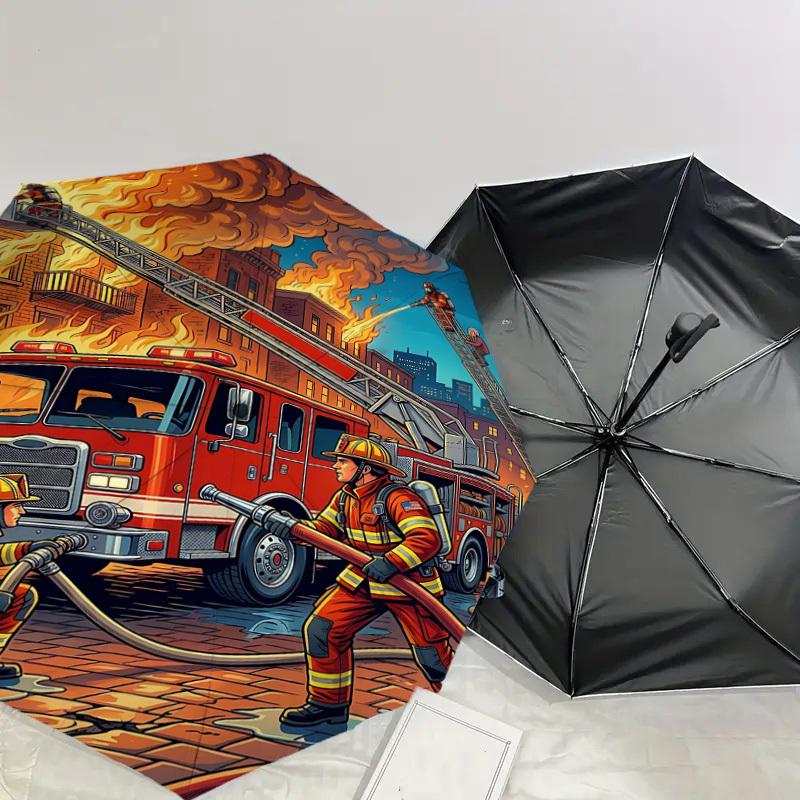 1 Stück Feuerwehr-Feuerwehrauto-Regenschirm - 8-Speichen verstärkt, Automatisches Öffnen, Leicht & Langlebig, Modeaccessoire für Draußen, H0348