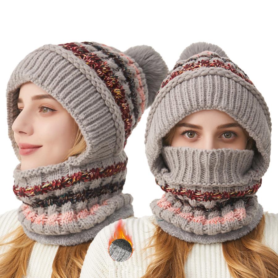 Thick Knitted Hat Scarf Mask One-Piece Hat Women's Winter Outdoor Velvet Warm Mask Scarf All-In-One Hat