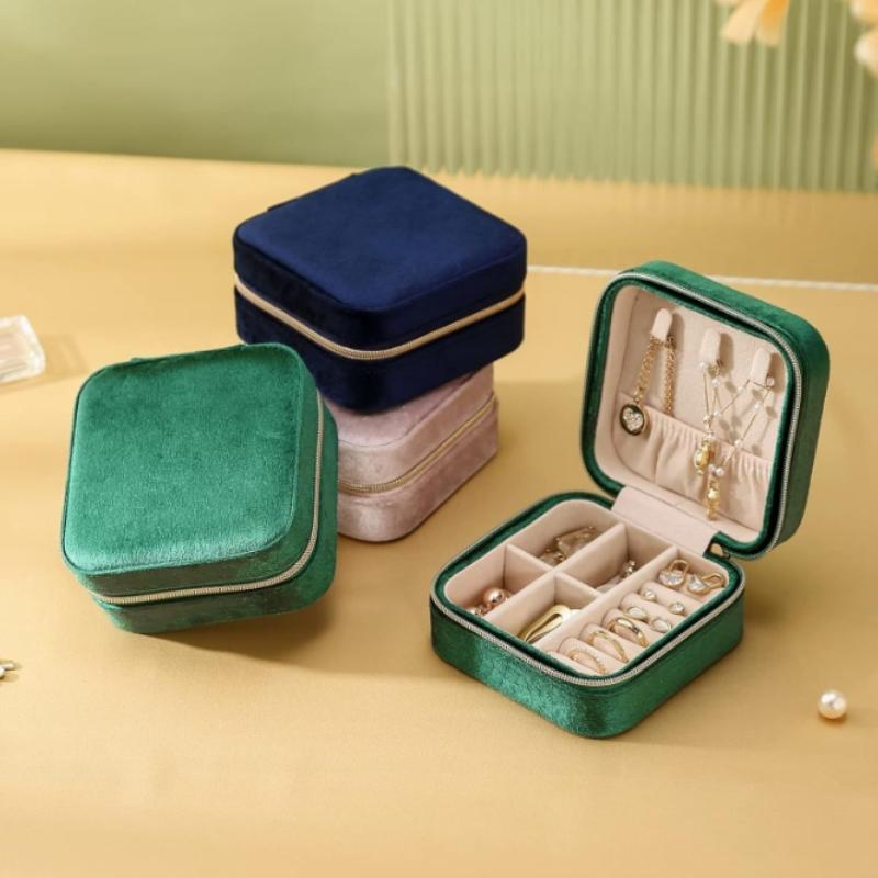 Joyero de terciopelo para mujer, organizador de collares, anillos y pendientes, portátil, de viaje, con cremallera, cuadrado, para guardar joyas.