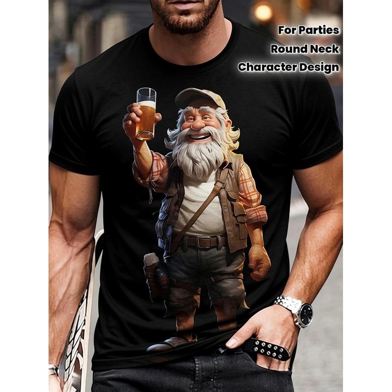 Men'S Funny Vintage Beer Lover Graphic T-Shirt - Heavyweight 100% 3D Elderly for Man Drinking Beer Design, Machine Washable Round Neck Casual & Party