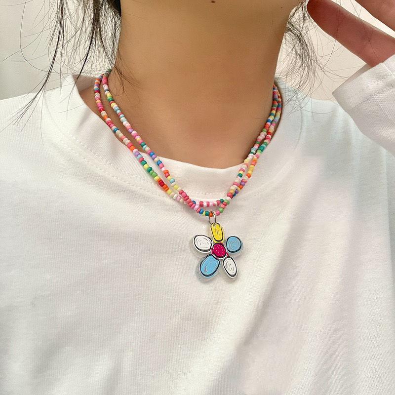 Çift Katmanlı Renkli Boncuklu Çiçek Kolye Ucu Kızlar Kadınlar İçin El Yapımı Boncuklu Choker Bohem Kolye Takı Hediye
