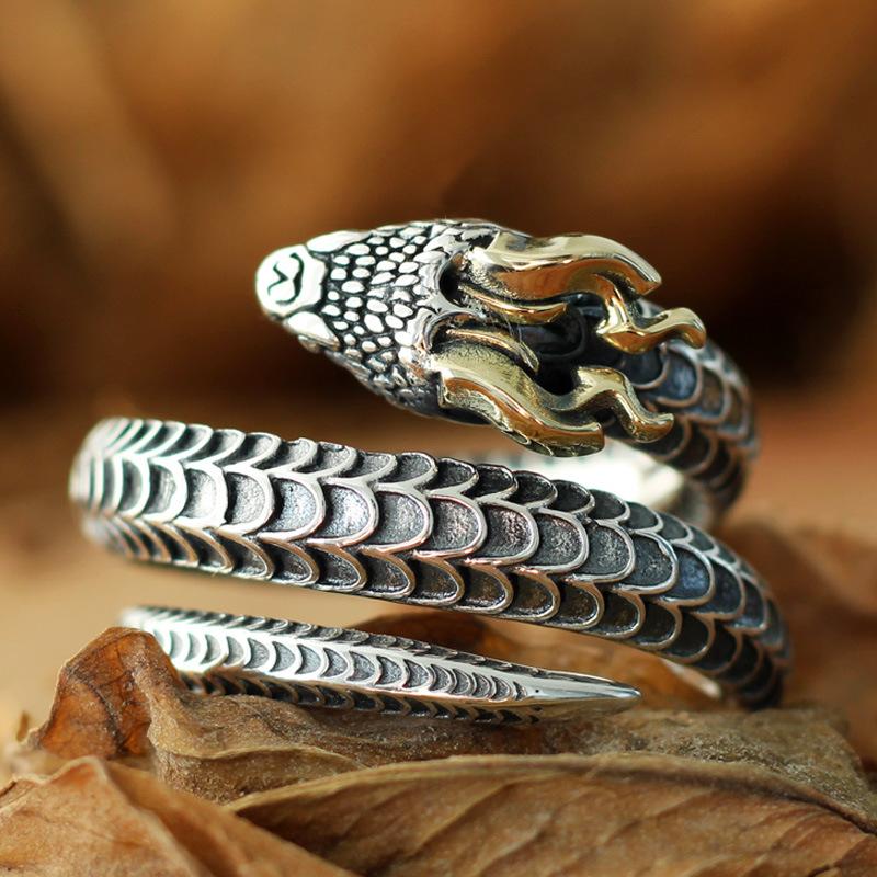 Buyee Copper Male Unique Ring Finger Horned Snake Animal Open Ring For Men Fashion Punk Fine Jewelry Circle Gift