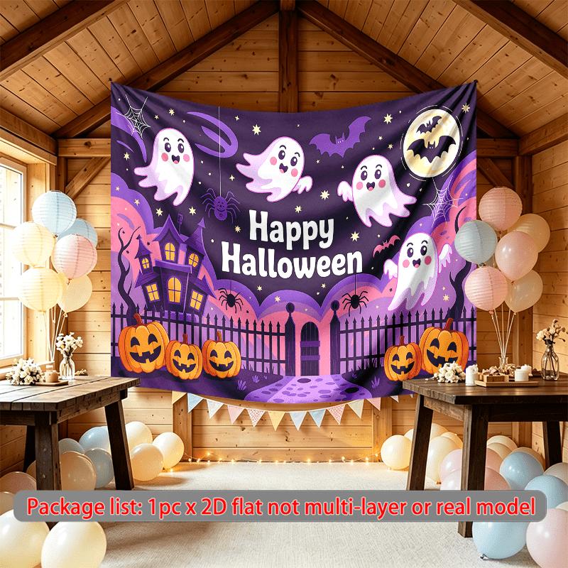 Pumpkins Ghosts Halloween Night Backdrop, Spooky Polyester Banner for Party Decor & Photos