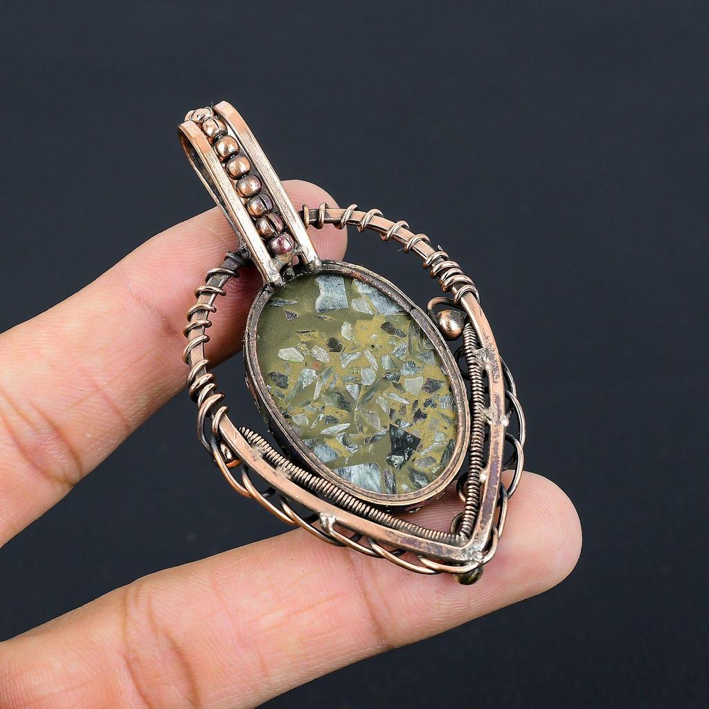 Copper Seraphinite Gemstone Pure Copper Wire Wrapped Handmade Wonderful Jewelry Pendant