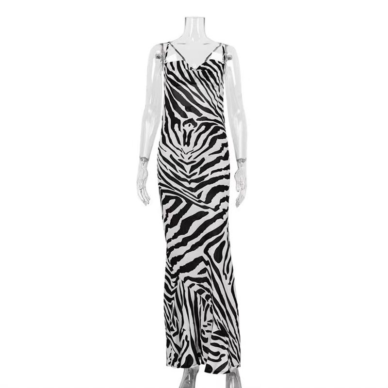 

European and American Sexy Zebra Stripes Open Back Split Sling Dress Sexy Backless Suspender Dres Black Print L
