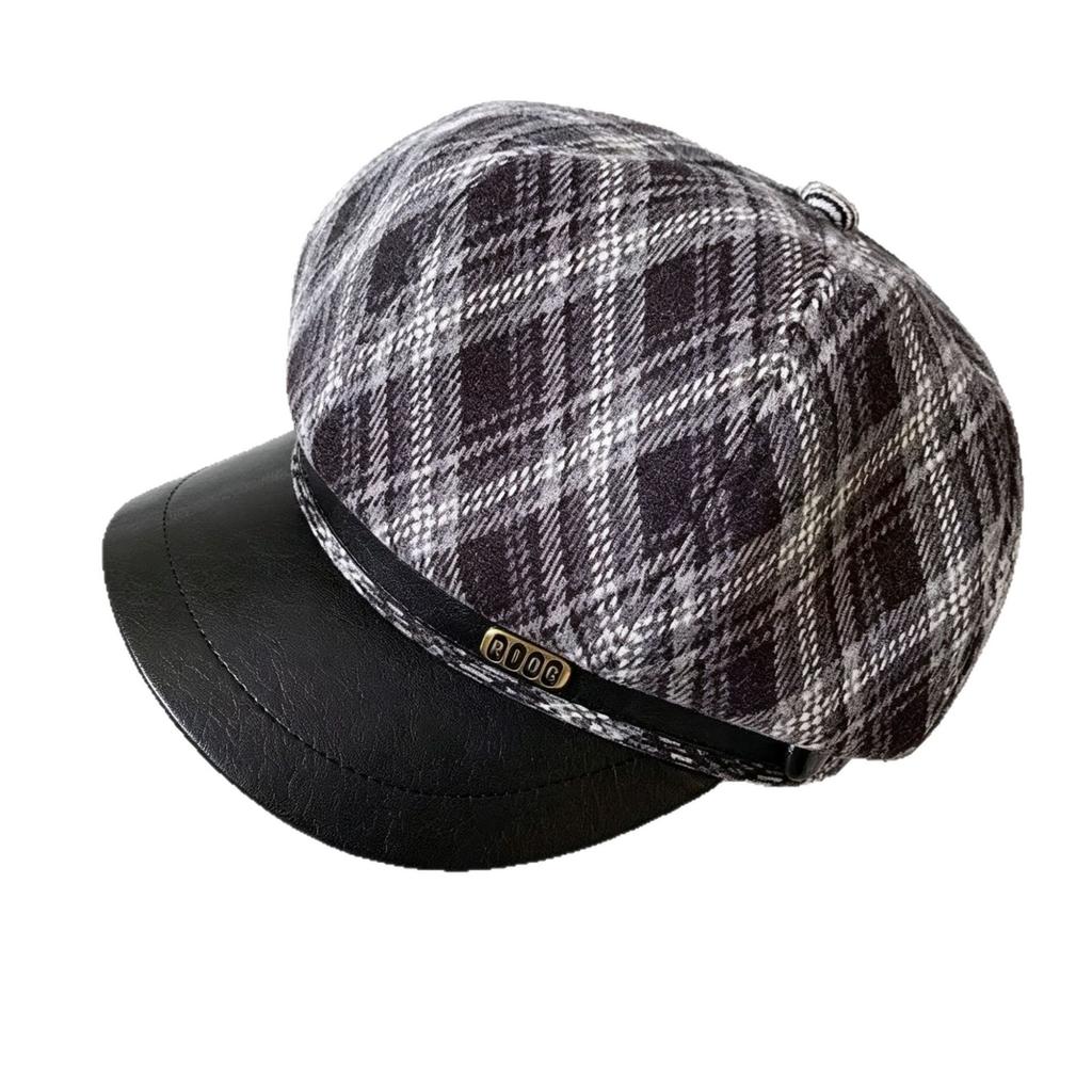 Retro plaid octagonal hat female autumn and winter Maillard wears a leather-brimmed newsboy hat to show her face, a small painter beret