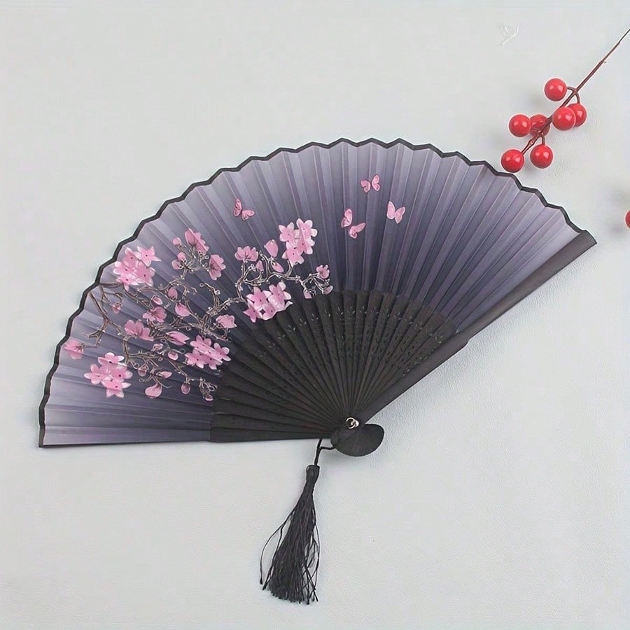 1pc Vintage Folding Fan, Sakura Design With Gradient Black To Purple Color, Tassel Detail, Traditional Chinese Hanfu Dance Accessory