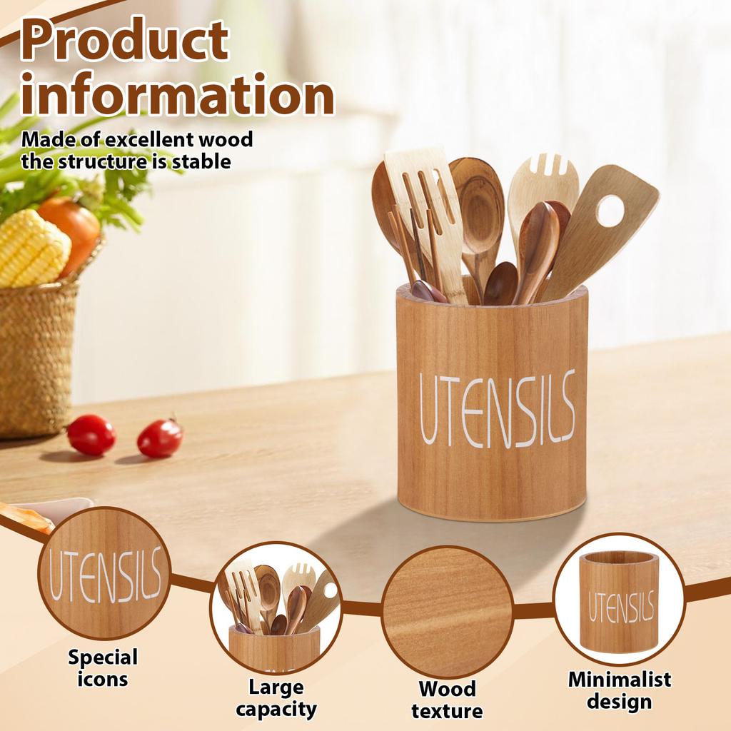 Porte-ustensiles en bois avec repose-cuillère Seau de rangement rond pour couteaux et fourchettes Organisateur de boîte pour couverts et spatules pour comptoir de cuisine