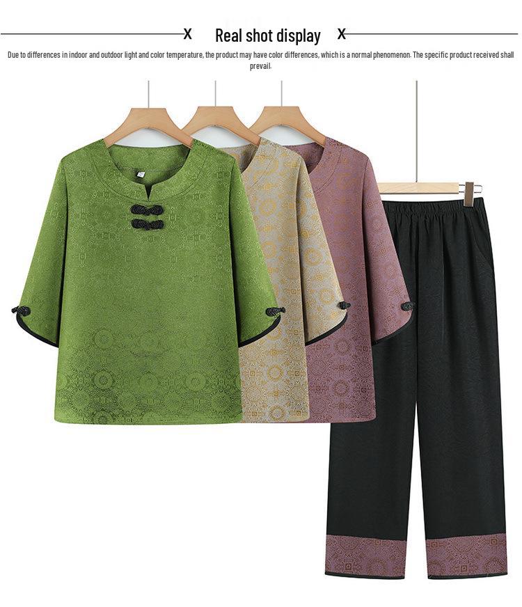 Stylish Summer Two-Piece Set for Elderly Women – Grandma's Mid-Sleeve Top & Fashionable Pants