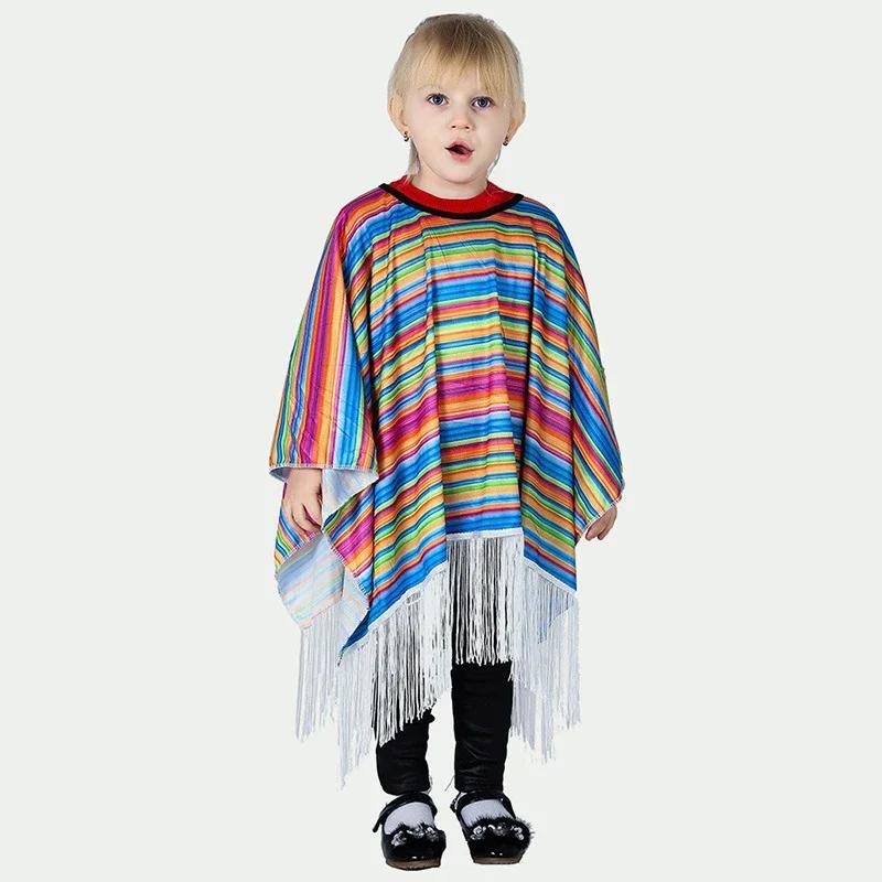 

Kids Holiday Party Mexican Costume Cloak Ethnic Style Clothes Boys Girl Colorful Striped Cape Cosplay Halloween Costumes 90 x 90 cm