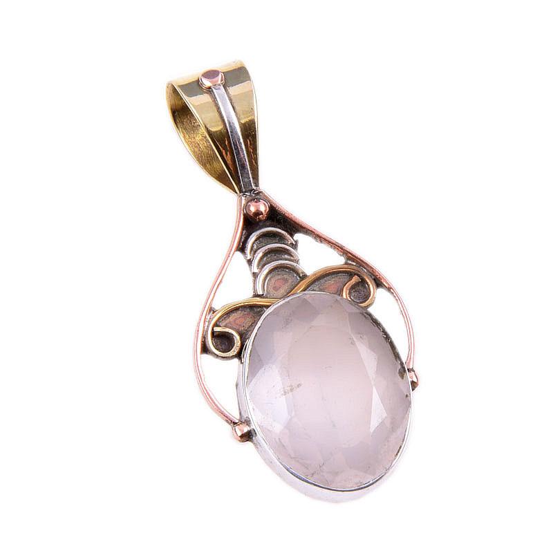 Natural Rose Quartz 925 Solid Sterling Silver Jewelry TwoTone Pendant 1.75" V5g07