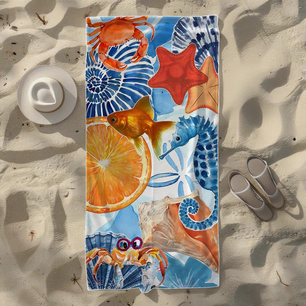Watercolor Seashell &Tropical Marine Creature Beach Towel, Soft Durable Quick-Drying, Ideal For Summer Beach, Swimming & Camping