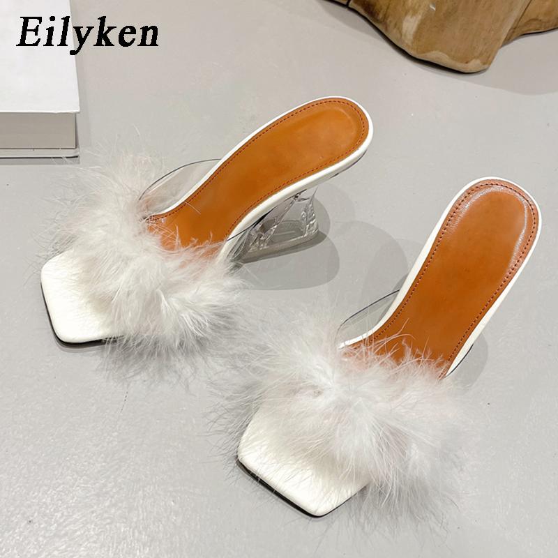 Eilyken Mode Bonbonfarben Feder Damen Hausschuhe Transparent Kristall Plexiglas Hufabsätze Peep Toe Pantoletten Slides Schuhe