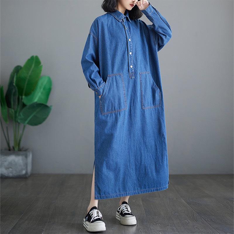 Women's Loose Denim Dress Casual Shirt Dress Outerwear
