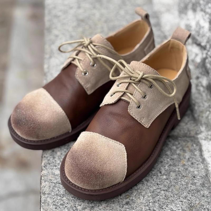 Fashion Retro British Style Leather Shoes Women Fashion Lace Up Patchwork Designer Shoes Comfortable Non Slip Chunky Heel Casual Shoes