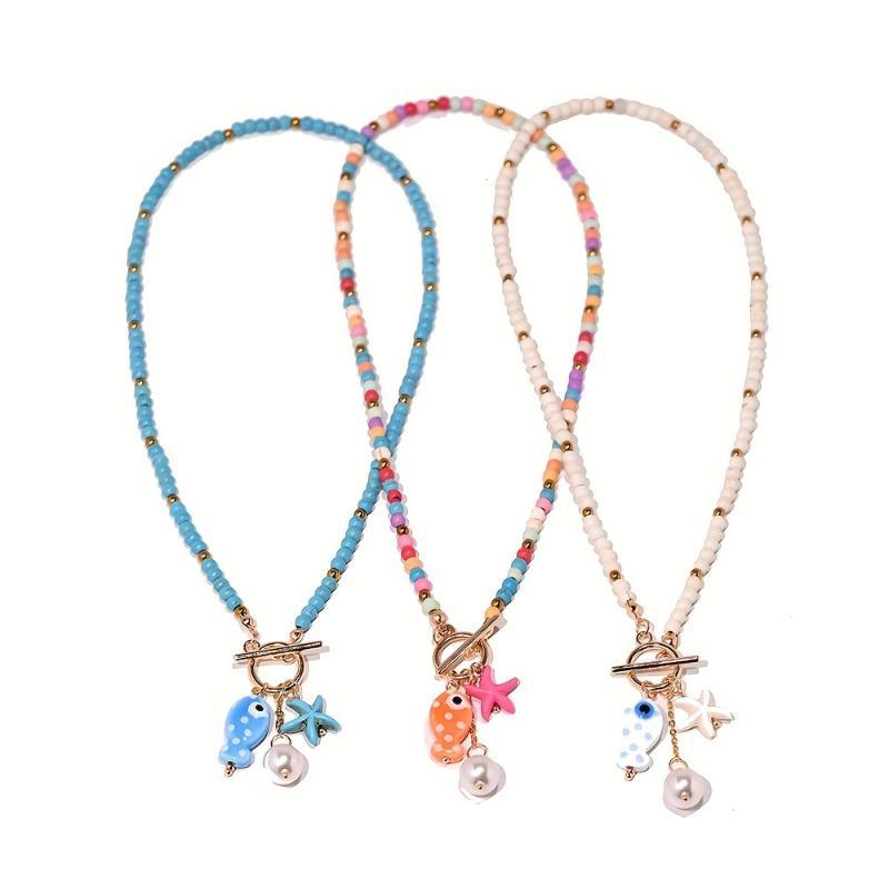 Bohemian Sea-Inspired Pendant Necklace Ceramic Fish Starfish Design Dainty Summer Jewelry for Women Beach Vacation Wear