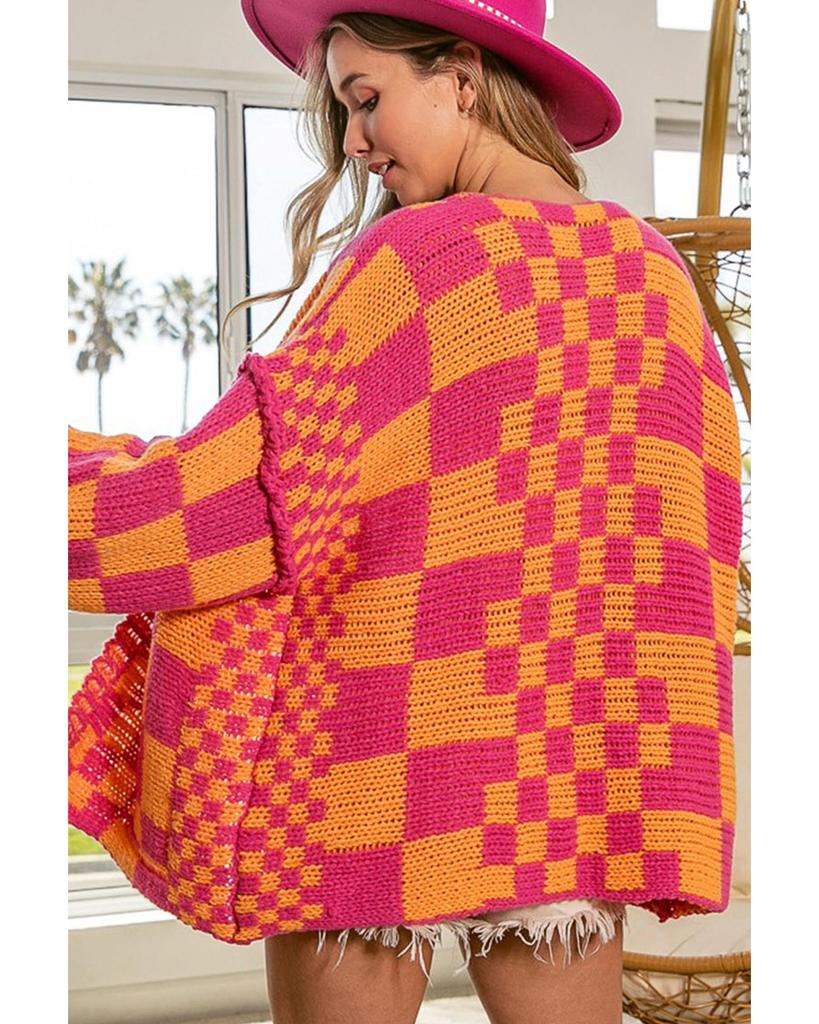 Azura Exchange Open Front Mixed Checkered Pattern Knit Cardigan