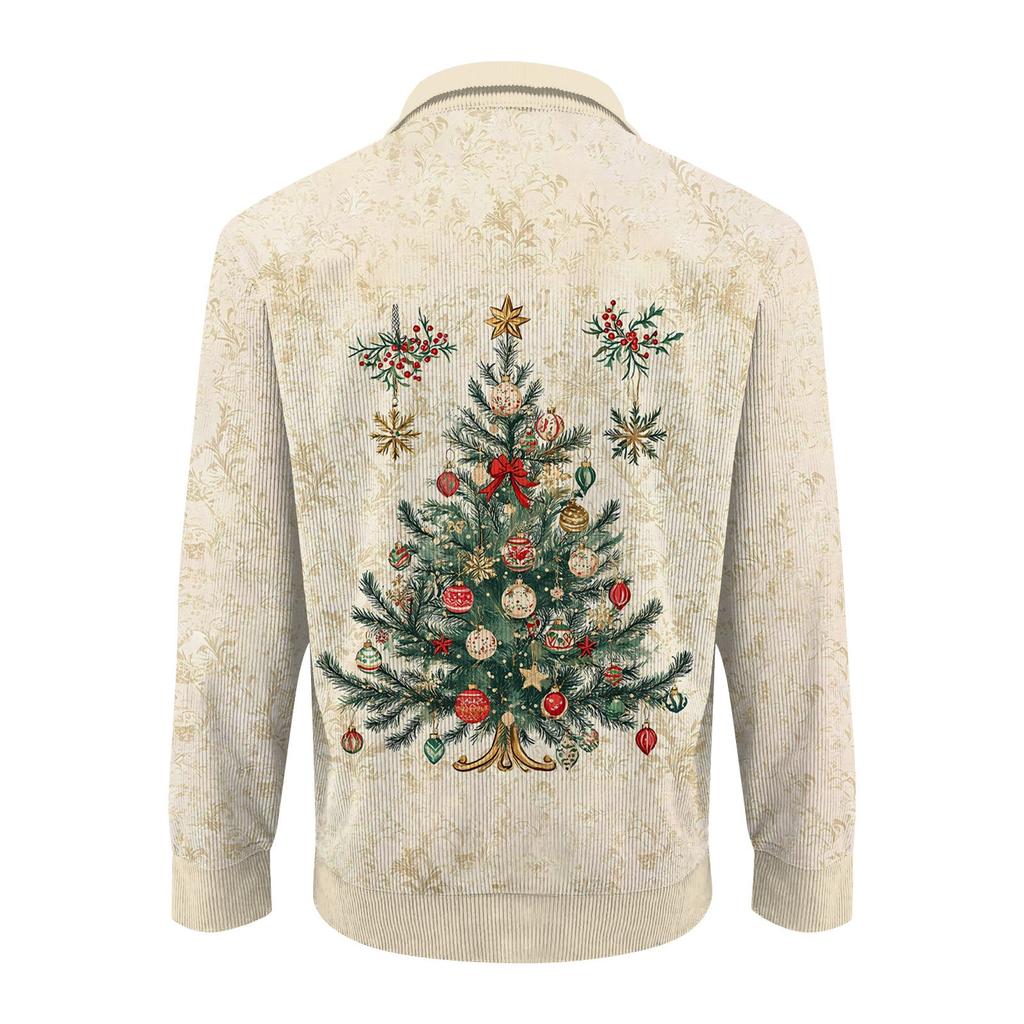 Men's Christmas Cotton Pullover Long Sleeve Outdoor Shirt Vintage Corduroy Button Stand Collar Shirt Casual Sweatshirt Christmas Print Top