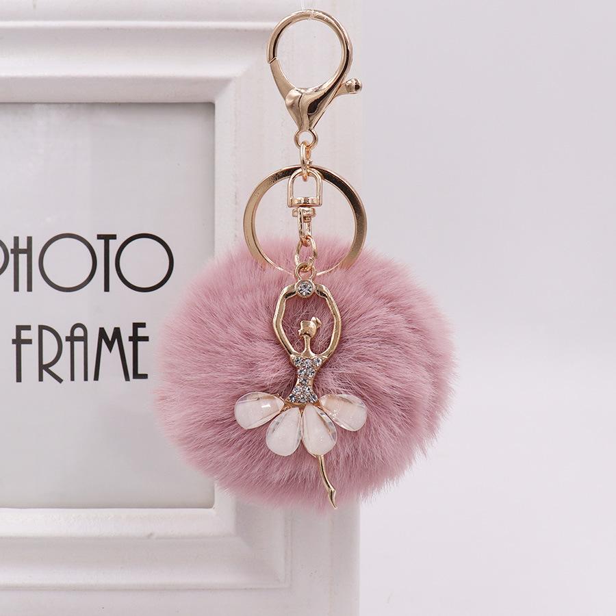 Ballet Dancing Girl Keyring Cute Fluffy Pompom Rhinestone Car Handbag Motorcycle Pendant Accessorie Keychain Retail Wholesale