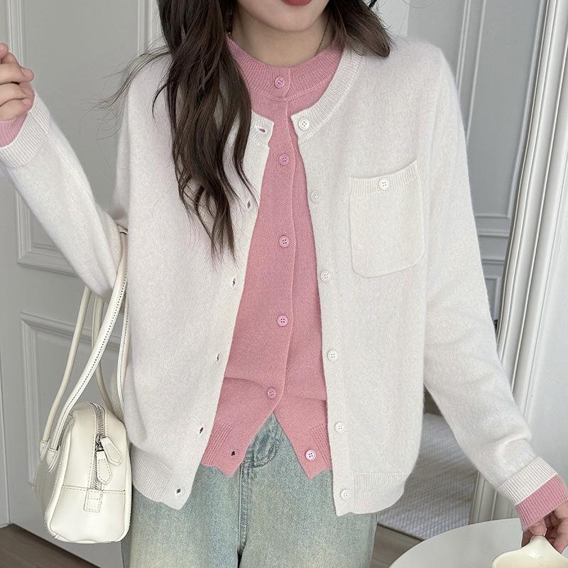 Women's College Style Wool Cardigan - Round Neck, Color Block, Fake Two-Piece Design for Autumn/Winter.