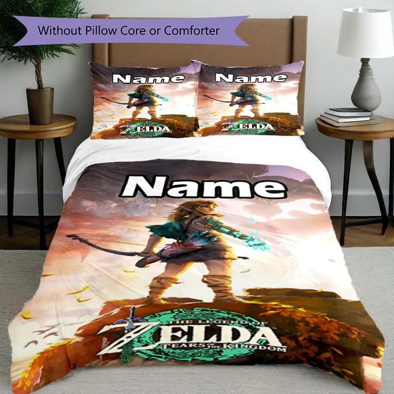 3pcs Duvet Cover Set (1*Duvet Cover + 2*Pillowcase, Without Core), Custom Name The Legend of Zelda Pattern Bedding Set, Home Bedroom Decor Gift