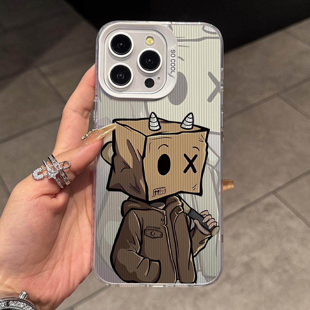 Cartoon Box Man Phone Case for iPhone 17 Air 16 16e 15 14 Plus 13 12 11 Pro Max X Xs XR 8 Colorful Silver Hard Cover