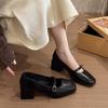 Retro square head high heels light mouth single shoes women's spring and autumn new loafers French thick heel Mary Jane small leather shoes women