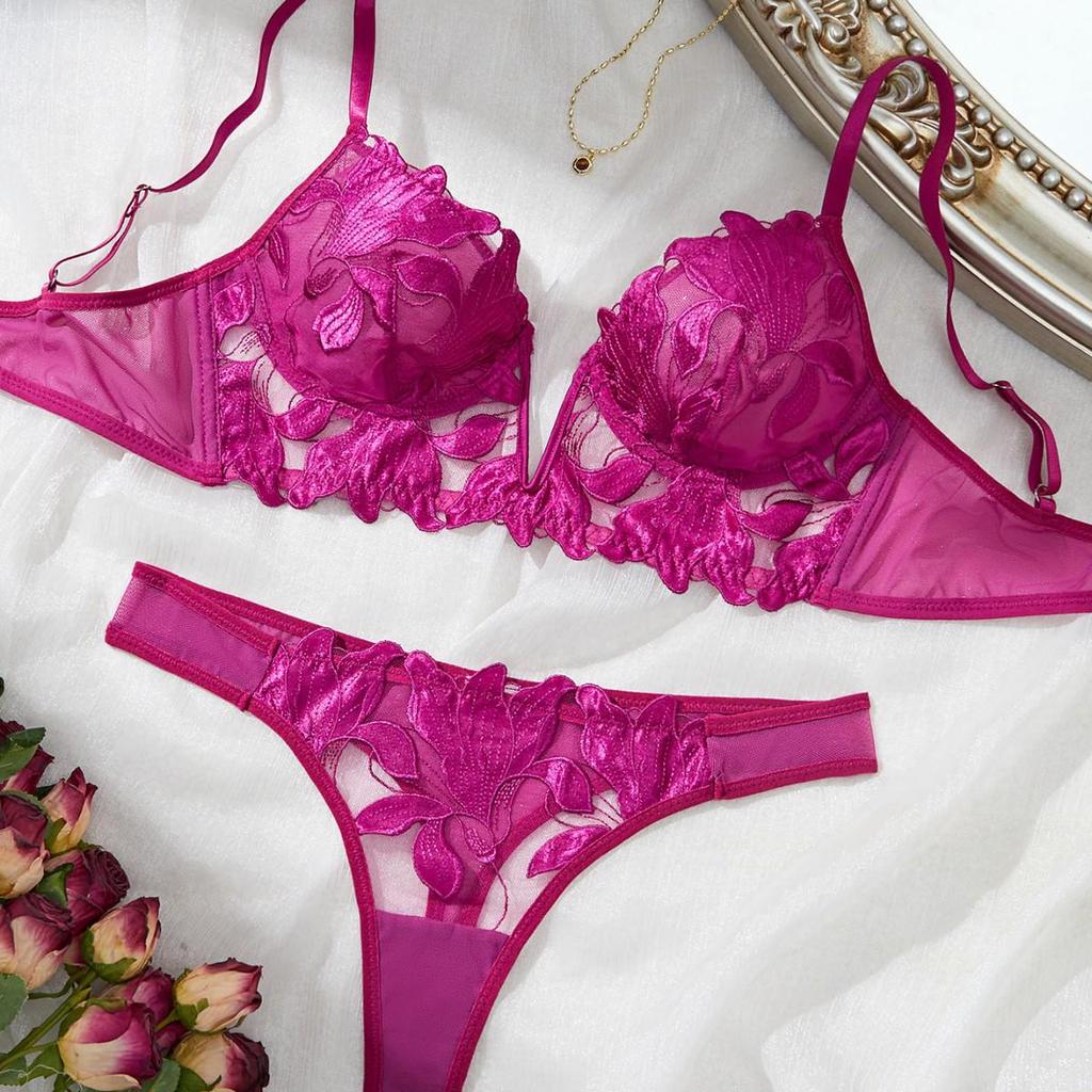 European & American Deep V Embroidered Lace Lingerie Set: Ultra-Thin Chest Minimizing Bra.
