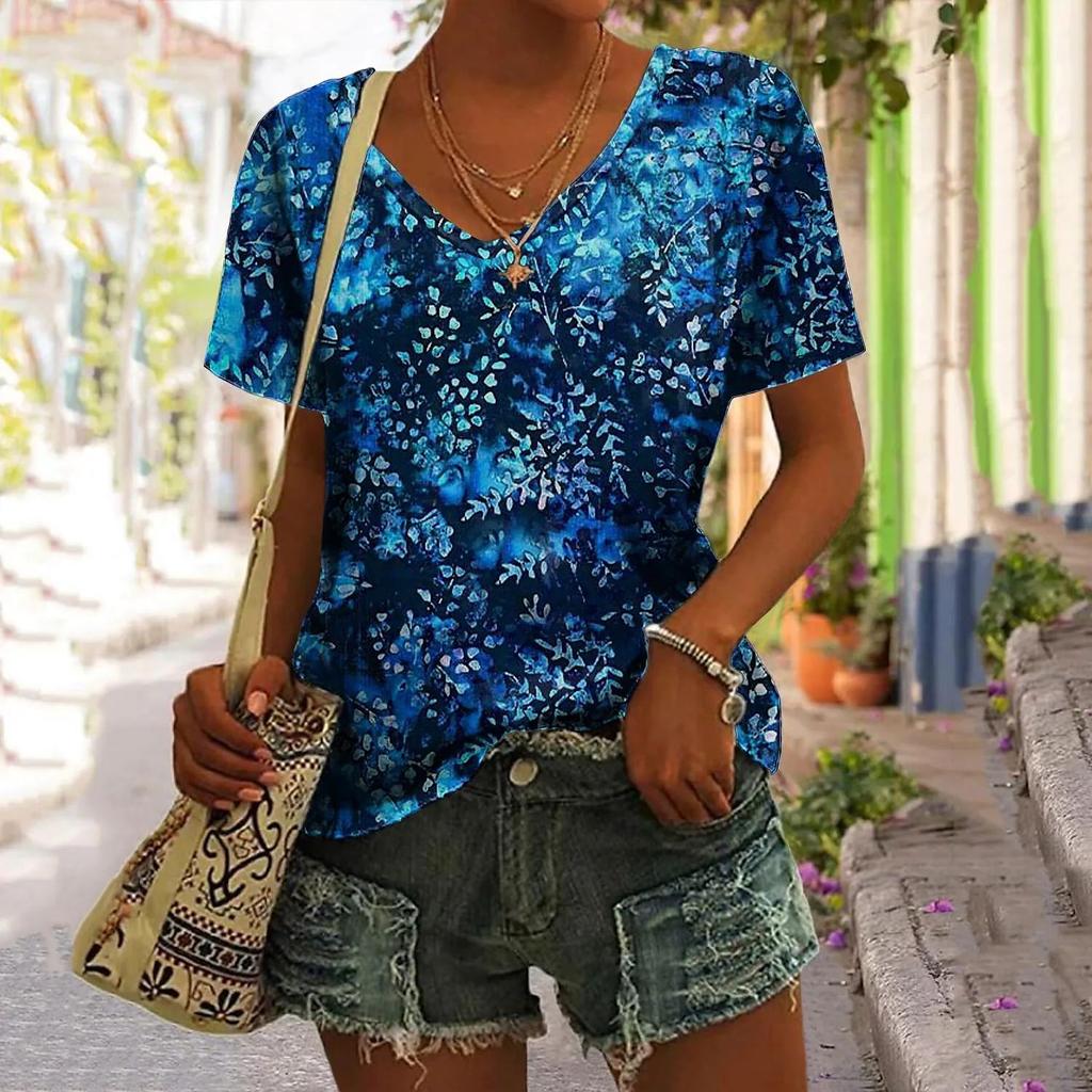 Summer New Women T Shirt 3d Flower Print V-neck Short Sleeve Blouse Fashion Plus Size T-shirts For Women Clothing Y2k Female Tee