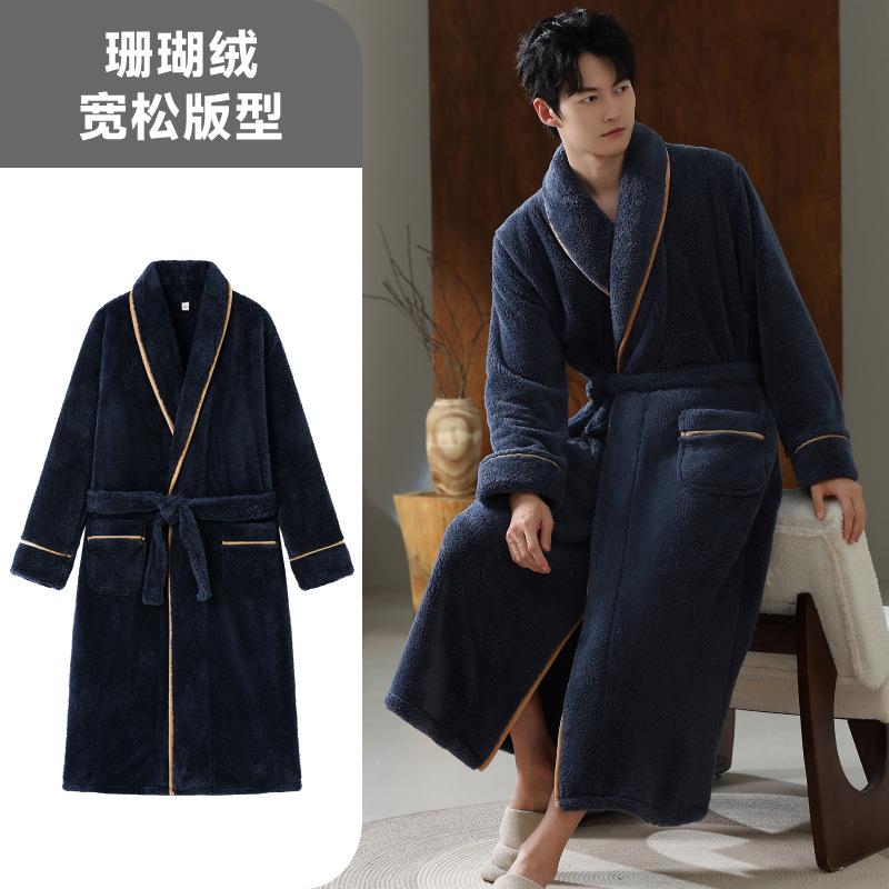 300G Autumn And Winter Nightgown Men'S Large Size Loose Bathrobe Coral Fleece Thickened Fleece Youth Loungewear Men