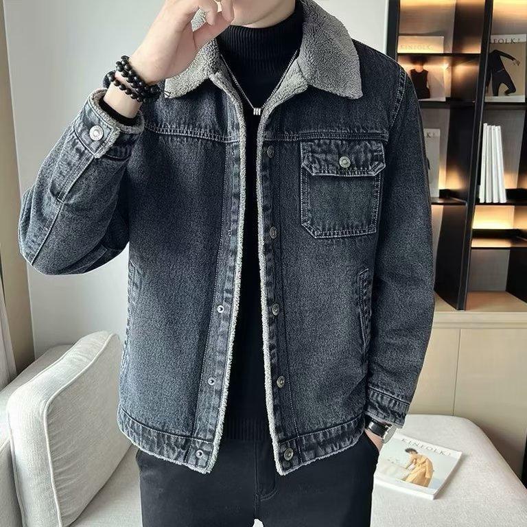 Fashion denim jacket men's fleece thickened autumn and winter lamb fleece new slim casual sports temperament jacket men's clothing