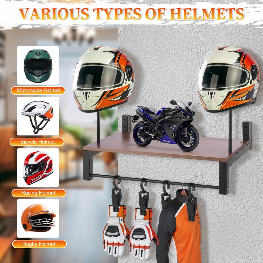 Wooden Helmet Organizer Rack with 5 Hooks Gear Storage Rack Wall Mount Metal Helmet Stand for Motorcycle Accesories Storage