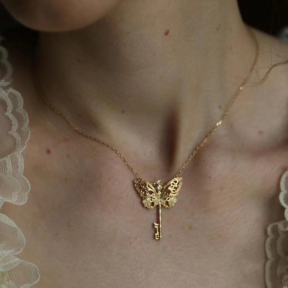 18k Gold Plated Butterfly Key Necklace: Elegant French Hollow Design for Women