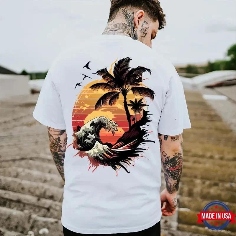 Seaside Sunset Tree and Flying Birds White Print T-Shirt L