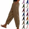 Women's Fashion Side-Button Pocket -Color Mid- Cotton-Linen Blend Relaxed-Fit Trousers
