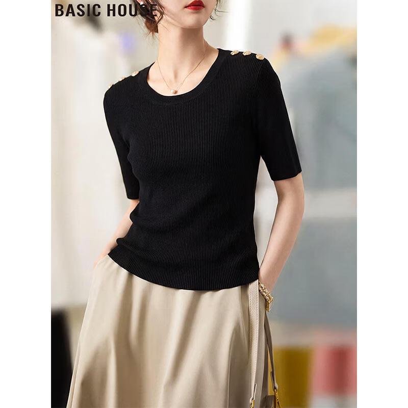 Basic House Women s Ice Silk Short Sleeve Knit Top M