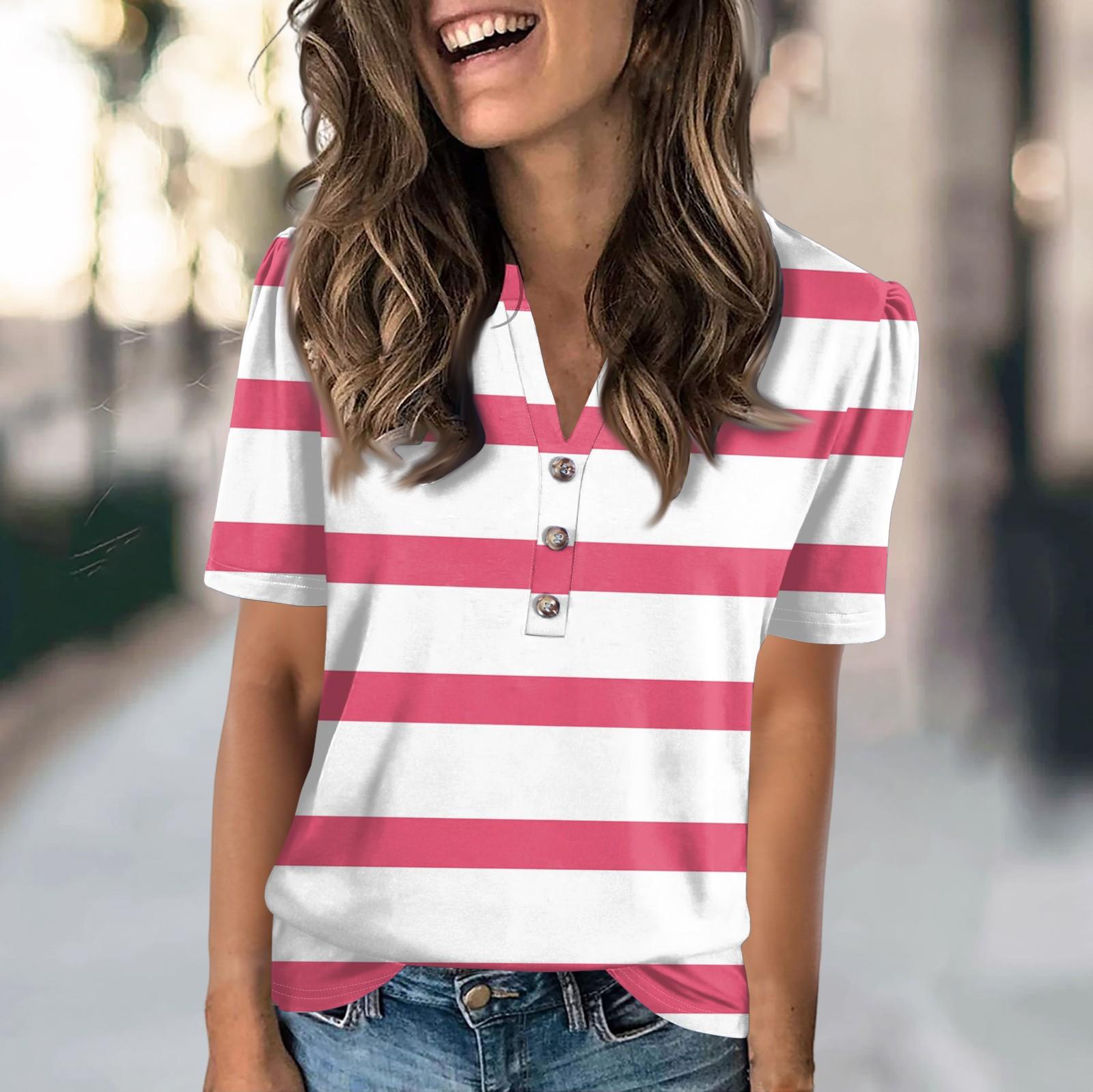 

Женская модная повседневная футболка с полосатым принтом и V-образным вырезом, коротким рукавом, на пуговицах S